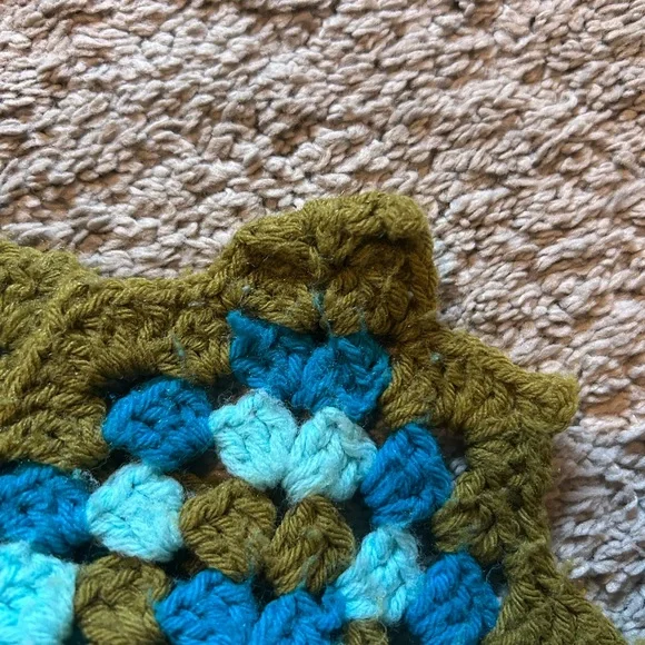 Vintage Crocheted Large Afghan with Blue and Moss Pattern - Picture 3 of 7